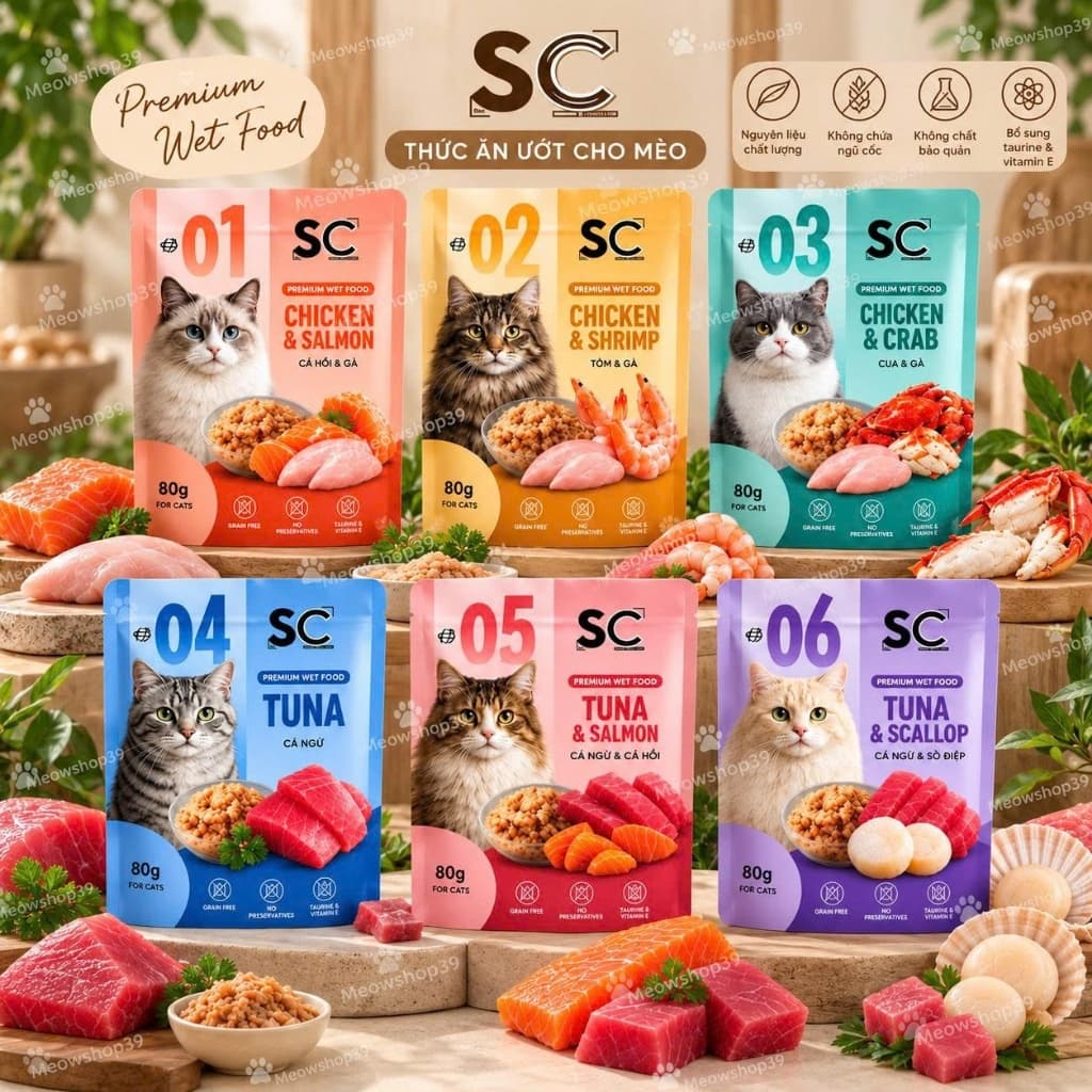 (Hỏa Tốc)(Combo 24-48 gói) PATE SC CHO MÈO GÓI 80G – PREMIUM WET FOOD | 6 VỊ | CHÍNH HÃNG TOMSМECA