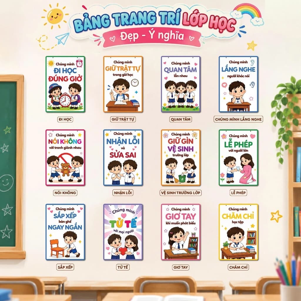Bảng Trang Trí Lớp Học Mầm Non Tiểu Học – Bộ 12 Bảng Nội Quy Kỹ Năng Cho Bé, Decor Lớp Học Đẹp Ý Nghĩa