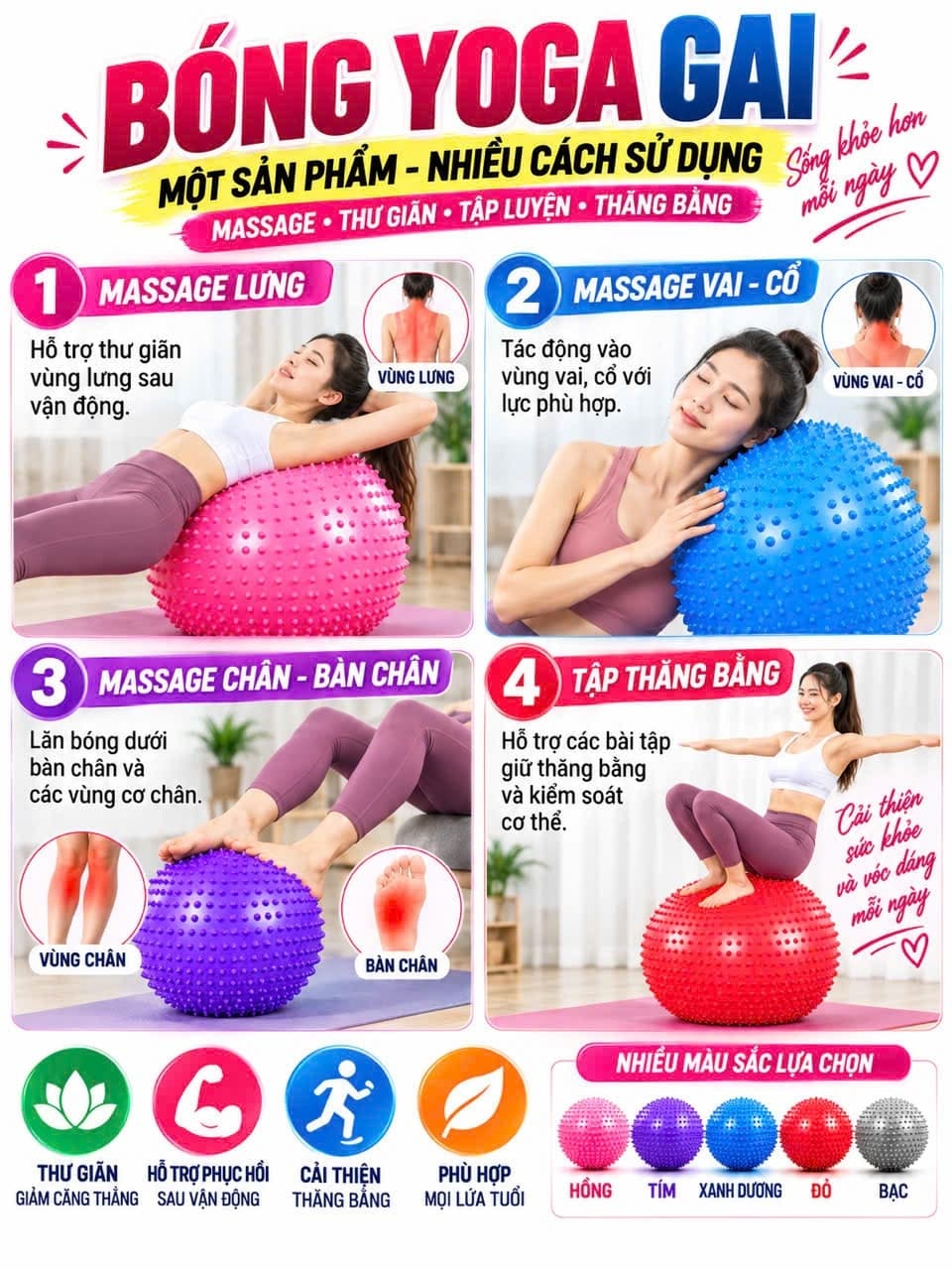 Bóng tập Yoga, Gym Gai Massage (Size 65 , 75 ,85cm) Tặng Kèm Bơm Chân Không( Bóng Gai)
