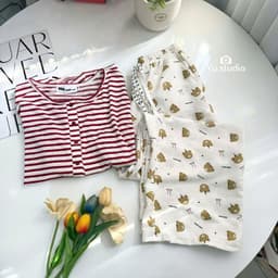 Bộ thun nữ tay dài YUSTUDIO chất áo giấy tay dài kèm quần đũi suông dài mặc mua thu đông mẫu Áo Kẻ ĐỏTay Dài 5