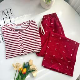 Bộ thun nữ tay dài YUSTUDIO chất áo giấy tay dài kèm quần đũi suông dài mặc mua thu đông mẫu Áo Kẻ ĐỏTay Dài 1