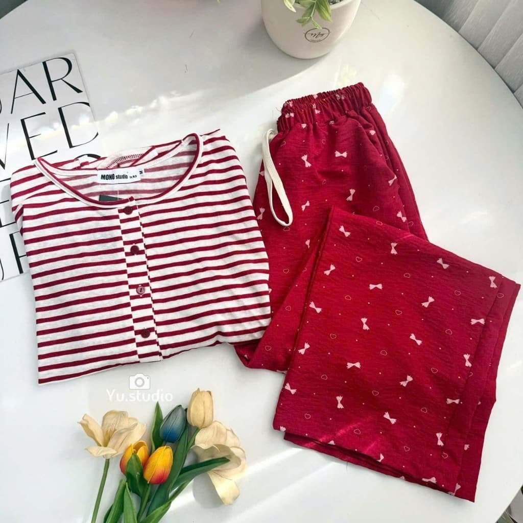 Bộ thun nữ tay dài YUSTUDIO chất áo giấy tay dài kèm quần đũi suông dài mặc mua thu đông mẫu Áo Kẻ ĐỏTay Dài