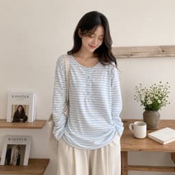 Bộ thun nữ tay dài YUSTUDIO chất áo giấy tay dài kèm quần đũi suông dài mặc mua thu đông mẫu Áo Kẻ Xanh Tay Dài 7