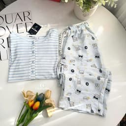 Bộ thun nữ tay dài YUSTUDIO chất áo giấy tay dài kèm quần đũi suông dài mặc mua thu đông mẫu Áo Kẻ Xanh Tay Dài 5