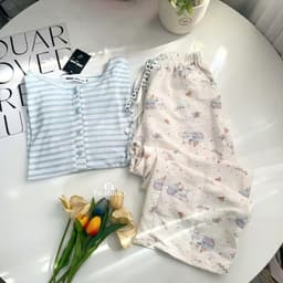 Bộ thun nữ tay dài YUSTUDIO chất áo giấy tay dài kèm quần đũi suông dài mặc mua thu đông mẫu Áo Kẻ Xanh Tay Dài 2