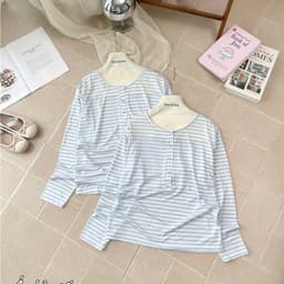 Bộ thun nữ tay dài YUSTUDIO chất áo giấy tay dài kèm quần đũi suông dài mặc mua thu đông mẫu Áo Kẻ Xanh Tay Dài 9