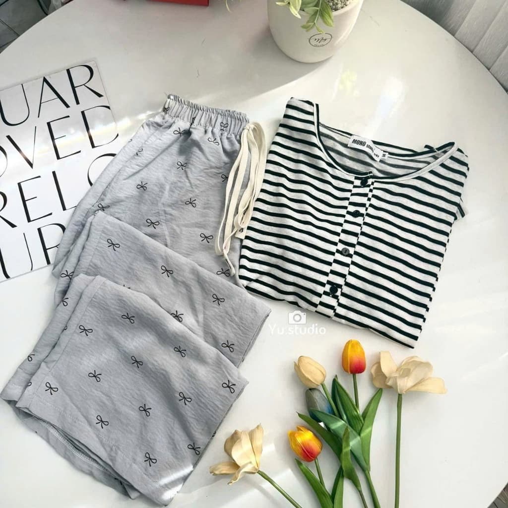 Bộ thun nữ tay dài YUSTUDIO chất áo giấy tay dài kèm quần đũi suông dài mặc mua thu đông mẫu Áo Kẻ Đen Tay Dài