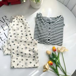 Bộ thun nữ tay dài YUSTUDIO chất áo giấy tay dài kèm quần đũi suông dài mặc mua thu đông mẫu Áo Kẻ Đen Tay Dài 5