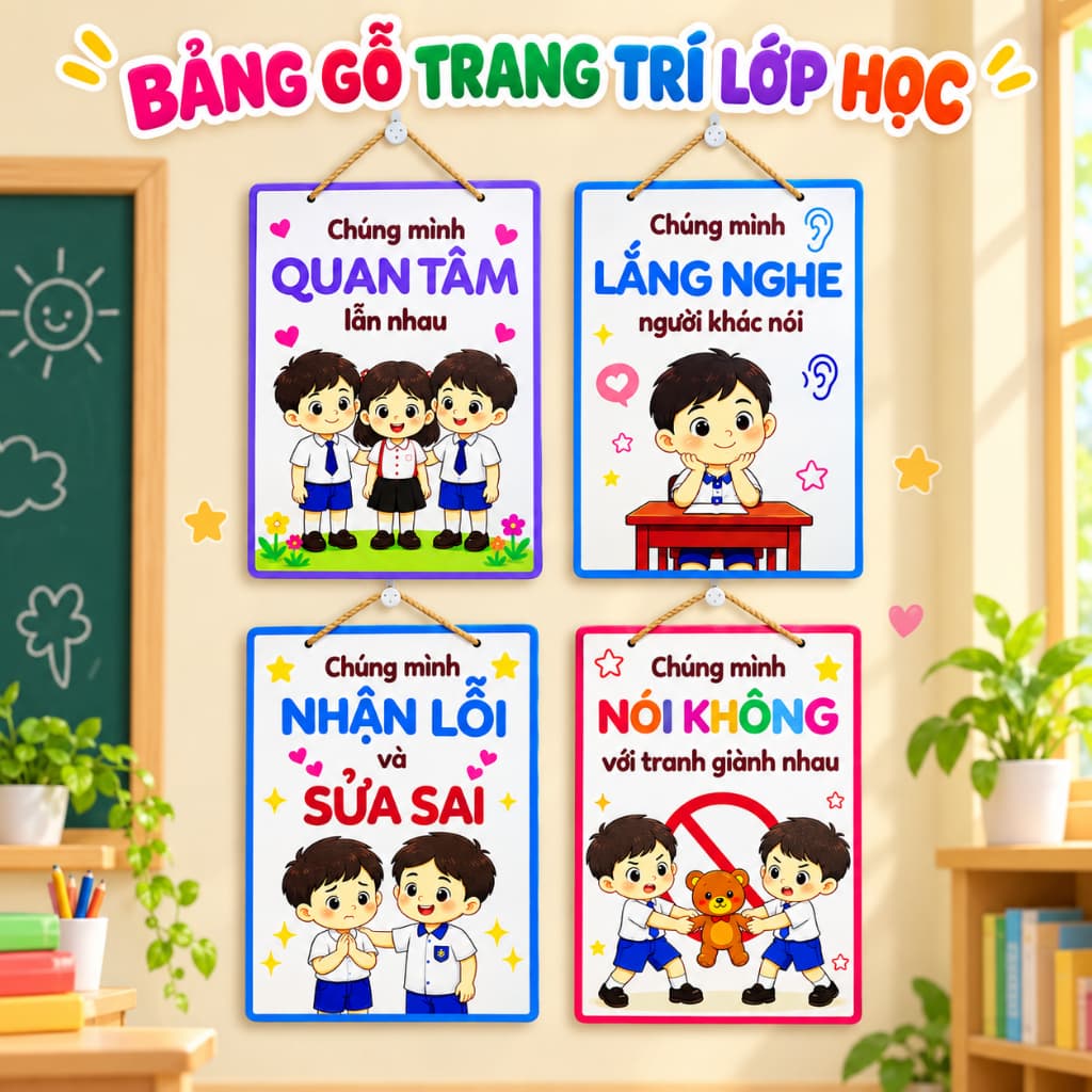 Bảng Treo Trang Trí Lớp Học Cho Giáo Viên, Nội Quy Học Sinh Bằng Gỗ In UV