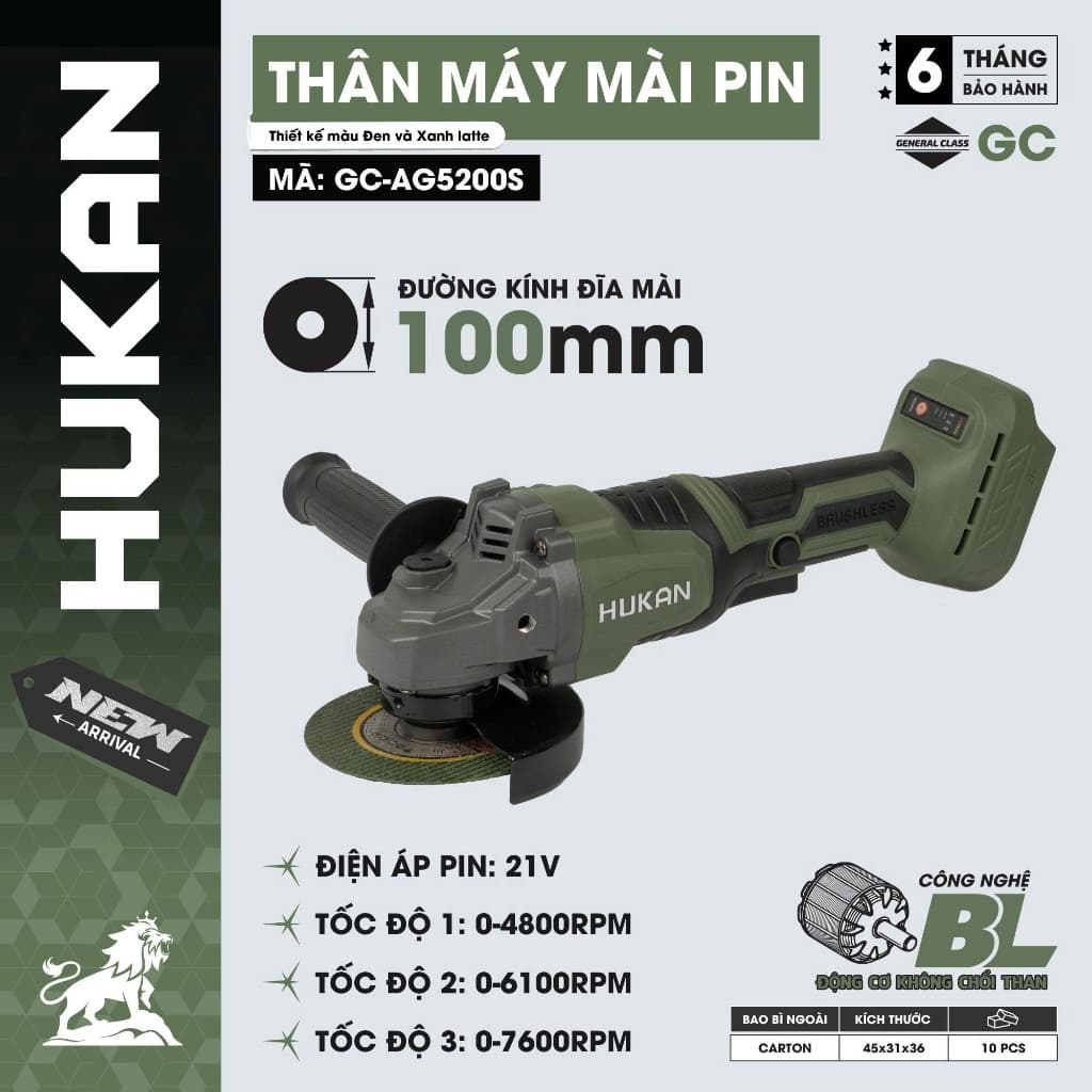THÂN MÁY MÀI PIN HUKAN GC-AG5200S – ĐỘNG CƠ KHÔNG CHỔI THAN – ĐĨA 100MM – 21V