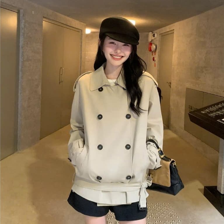 (Dmina)  Áo Khoác Măng Tô Nữ Cao Cấp Cổ Bẻ 2 Hàng Cúc Tặng Kèm Đai Phong Cach Hàn Quốc Retro