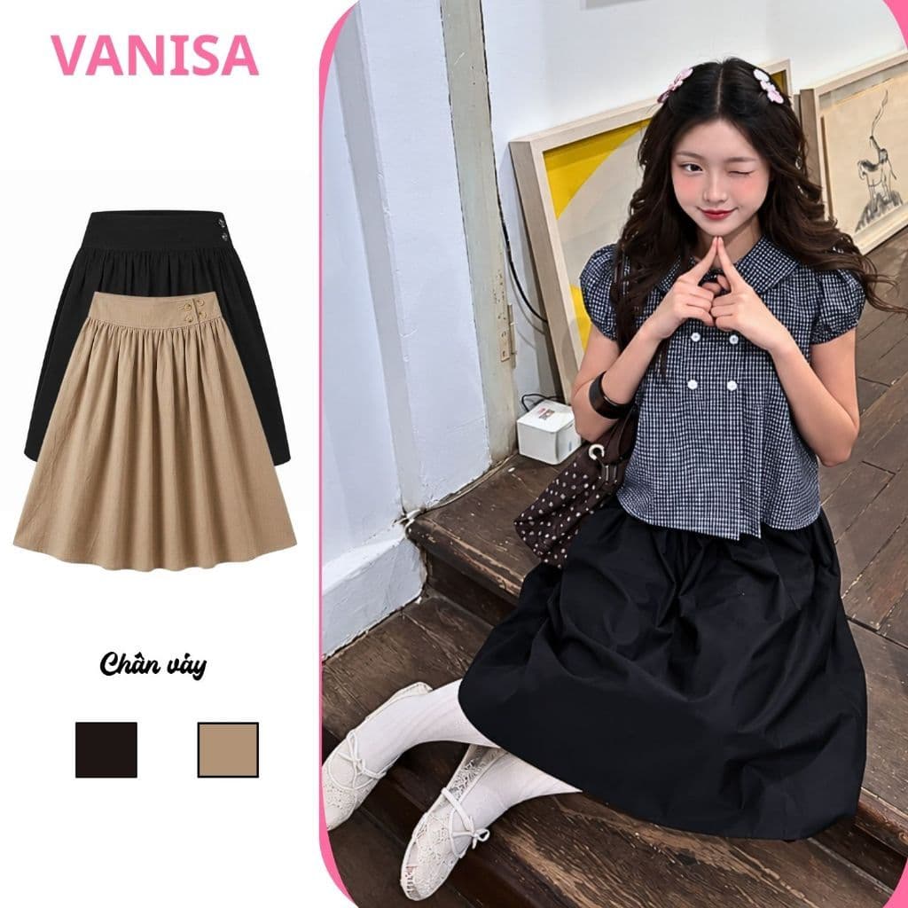 Chân Váy SUMI Skirt Kiểu Nữ Dáng Lửng Vải Kaki Đính 4 Nút Đơn Giản Kiểu Nhật đen nâu VANISA V4N