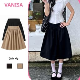 Chân Váy Lửng Nữ SUMI Kiểu Nhật Vải Kaki Đơn Giản Dáng Lửng Đính 4 Nút đen nâu VANISA V4N 1