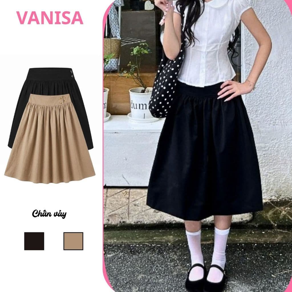 Chân Váy Lửng Nữ SUMI Kiểu Nhật Vải Kaki Đơn Giản Dáng Lửng Đính 4 Nút đen nâu VANISA V4N