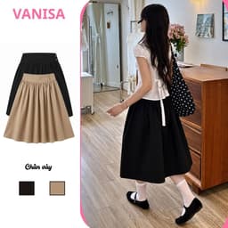Chân Váy Nữ SUMI Skirt Vải Kaki Đơn Giản Đính 4 Nút Dáng Lửng Kiểu Nhật đen nâu VANISA V4N 1