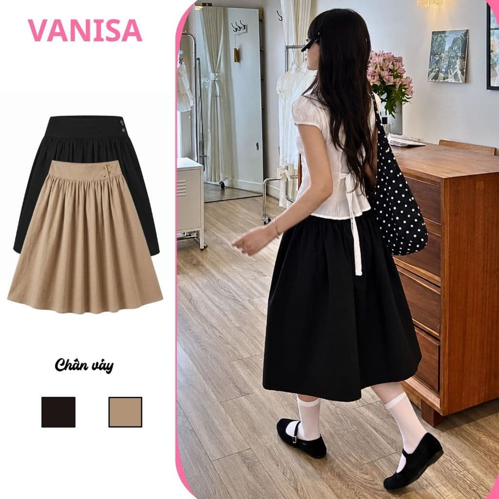 Chân Váy Nữ SUMI Skirt Vải Kaki Đơn Giản Đính 4 Nút Dáng Lửng Kiểu Nhật đen nâu VANISA V4N