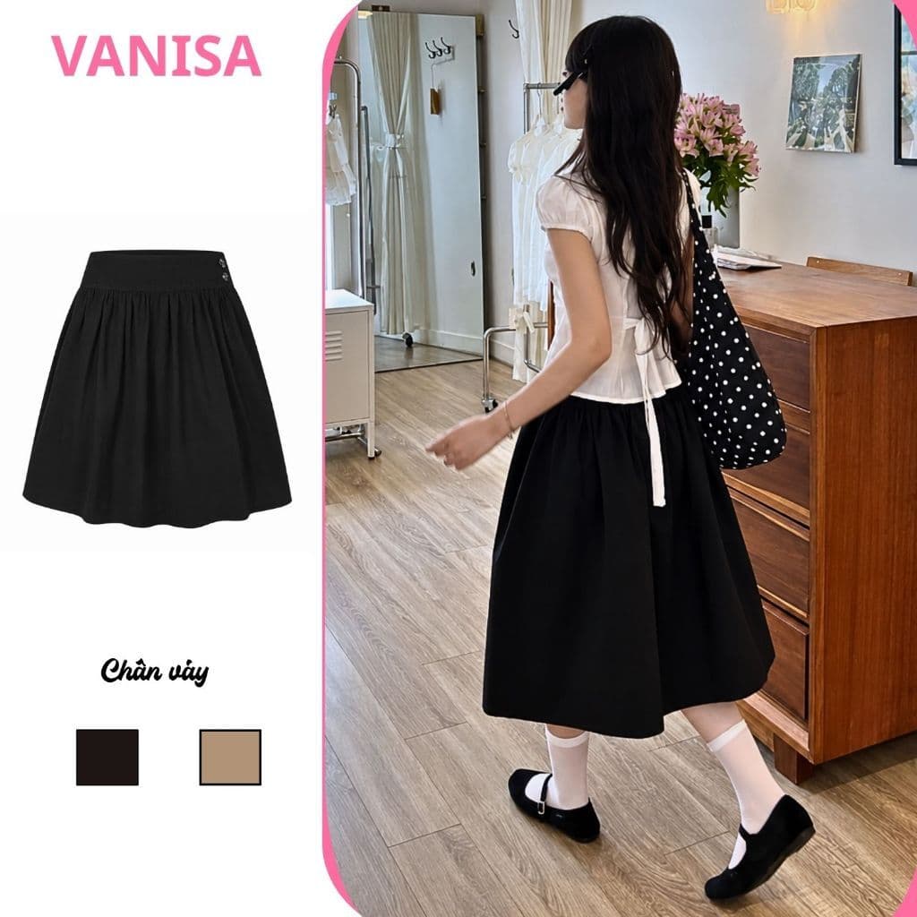 Chân Váy Lửng Kiểu Nữ Vải Kaki SUMI Đính 4 Nút Dáng Lửng Đơn Giản Kiểu Nhật đen trắng VANISA V4N