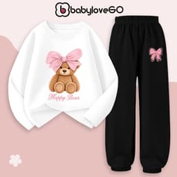 Bộ thu đông bé gái BabyloveGO set quần áo dài tay chất thun cotton size 10kg đến 45kg BD-AG09-Nơ 8