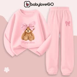 Bộ thu đông bé gái BabyloveGO set quần áo dài tay chất thun cotton size 10kg đến 45kg BD-AG09-Nơ 1