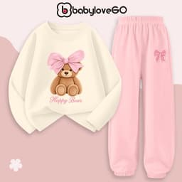 Bộ thu đông bé gái BabyloveGO set quần áo dài tay chất thun cotton size 10kg đến 45kg BD-AG09-Nơ 5