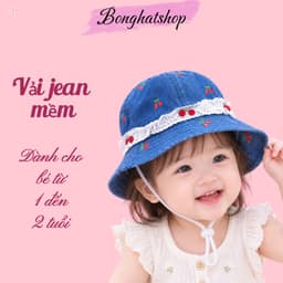 Nón bo mềm tai bèo cho bé 1-2 tuổi, thêu cherry/gấu, chất liệu JEAN MỀM, phù hợp cho bé trai & bé gái. 2
