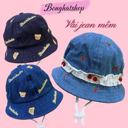 Nón bo mềm tai bèo cho bé 1-2 tuổi, thêu cherry/gấu, chất liệu JEAN MỀM, phù hợp cho bé trai & bé gái. 1
