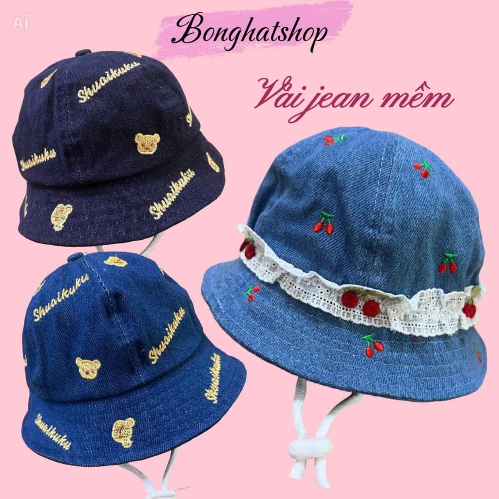 Nón bo mềm tai bèo cho bé 1-2 tuổi, thêu cherry/gấu, chất liệu JEAN MỀM, phù hợp cho bé trai & bé gái.