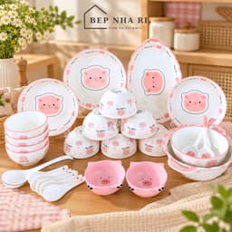 Bộ Bát Đĩa Gốm Sứ Họa Tiết Heo Hồng CAO CẤP Dùng Cho Bàn Ăn Gia Đình Dễ Thương Đáng Yêu, Quà Tặng Ý Nghĩa 4