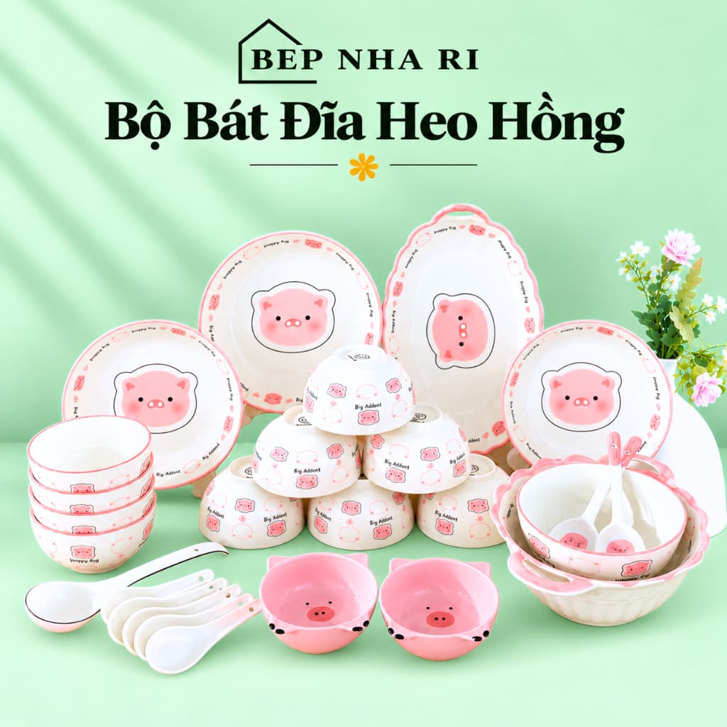 Bộ Bát Đĩa Gốm Sứ Họa Tiết Heo Hồng CAO CẤP Dùng Cho Bàn Ăn Gia Đình Dễ Thương Đáng Yêu, Quà Tặng Ý Nghĩa