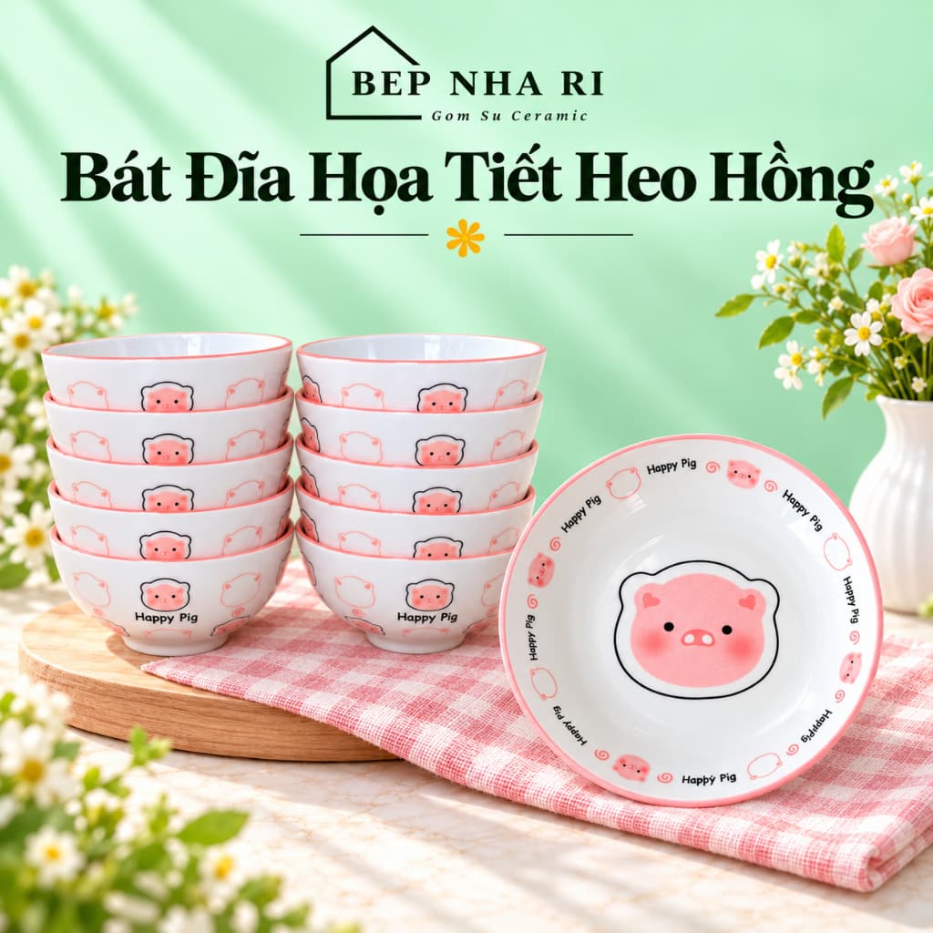 Bát Đĩa Gốm Sứ Họa Tiết  Heo Hồng Xinh Xắn Dễ Thương Dùng Cho Bữa Ăn Gia Đình, Decor Bàn Ăn