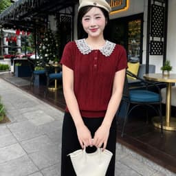Áo Len Nữ Cổ Ren Vintage Tay Ngắn Dệt Kim Mềm Mịn Phong Cách Tiểu Thư Hàn Quốc 1
