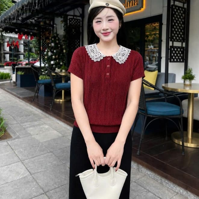 Áo Len Nữ Cổ Ren Vintage Tay Ngắn Dệt Kim Mềm Mịn Phong Cách Tiểu Thư Hàn Quốc