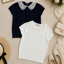Áo Len Nữ Cổ Ren Vintage Tay Ngắn Dệt Kim Mềm Mịn Phong Cách Tiểu Thư Hàn Quốc 3