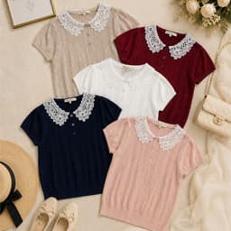 Áo Len Nữ Cổ Ren Vintage Tay Ngắn Dệt Kim Mềm Mịn Phong Cách Tiểu Thư Hàn Quốc 4