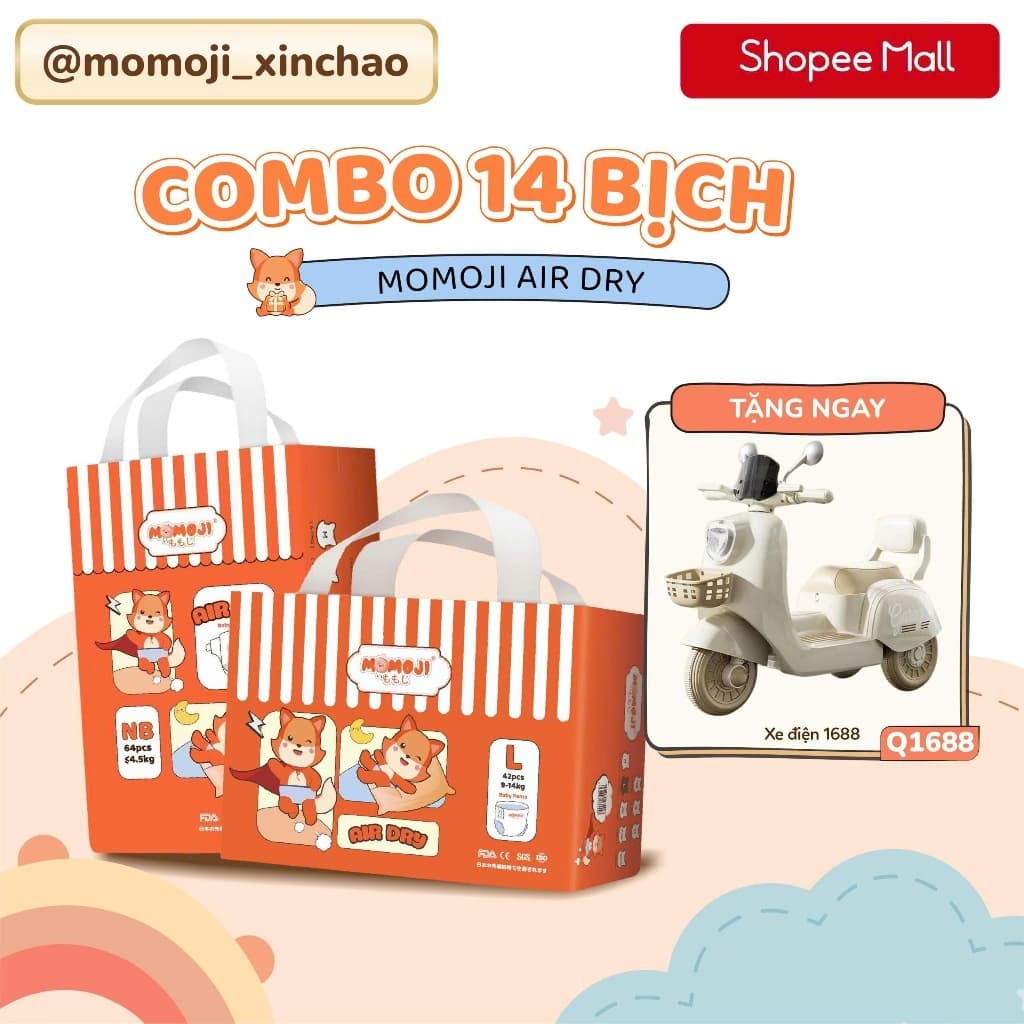 Combo 14 Tã Bỉm Dán/Quần Momoji Air Dry+ Êm Mềm Mịn, Siêu Mỏng, Siêu Khô Thoáng, An Toàn Cho Bé NB/S/M/L/XL/XXL/XXXL