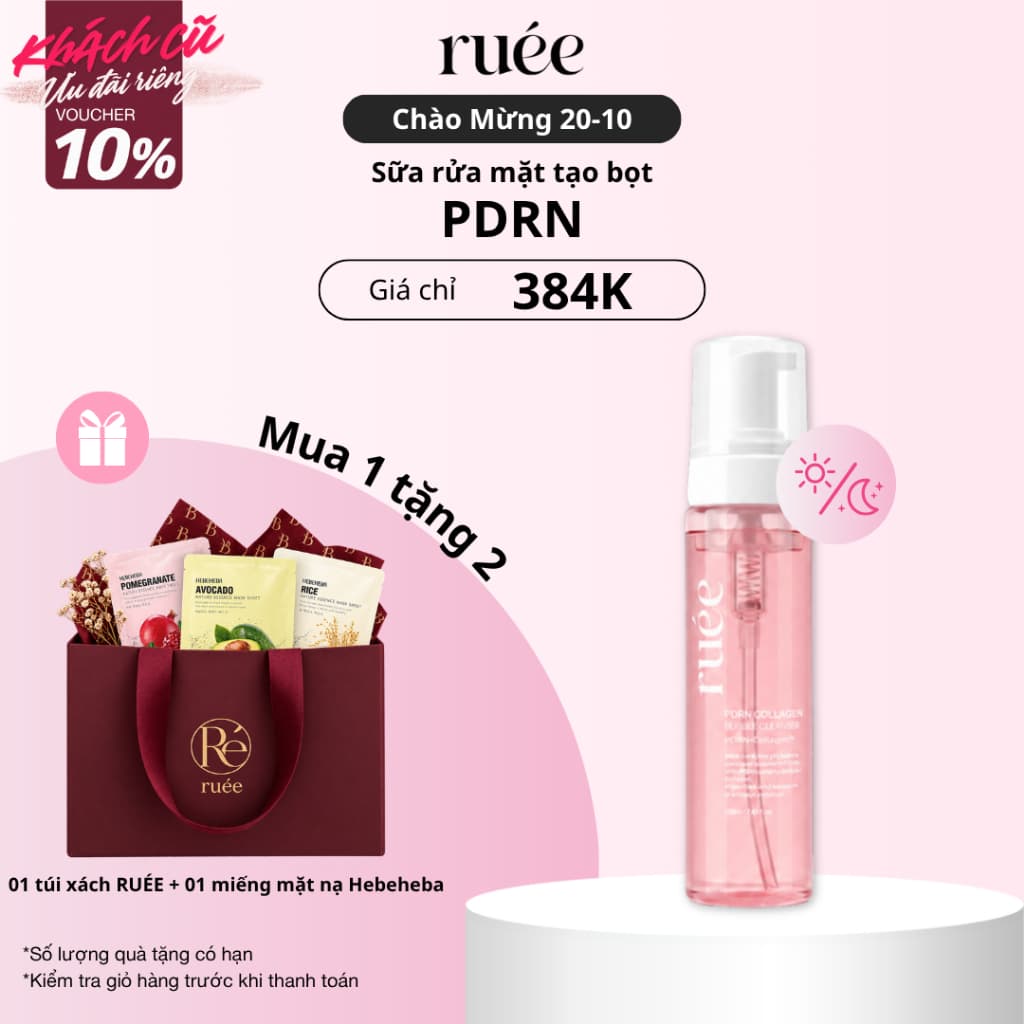 Sữa rửa mặt tạo bọt PDRN RUÉE Clean Pure Bubble Cleanser 220g, làm sạch bụi bẩn, bã nhờn - Chính hãng Hàn Quốc