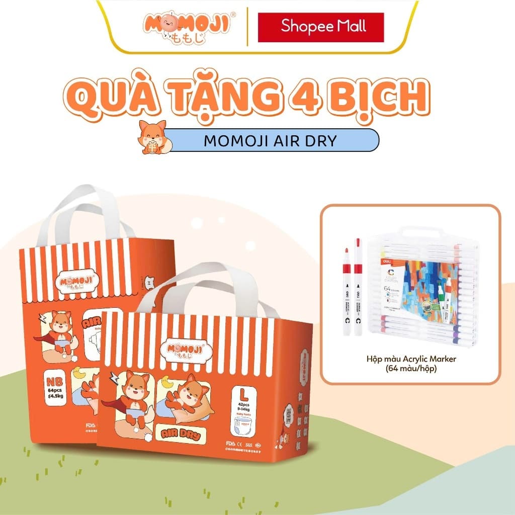 Combo 4 Tã Bỉm Dán/Quần Momoji Air Dry Êm Mềm, Siêu Khô Thoáng, An Toàn Cho Bé NB/S/M/L/XL/XXL/XXXL