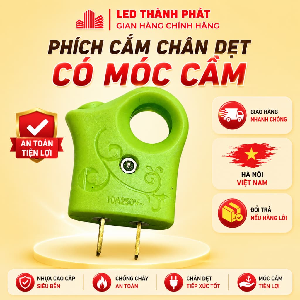 Phích cắm điện chân dẹt tiêu chuẩn 250V-10A vỏ Nhựa ABS Cách Điện An Toàn có móc cầm tiện lợi