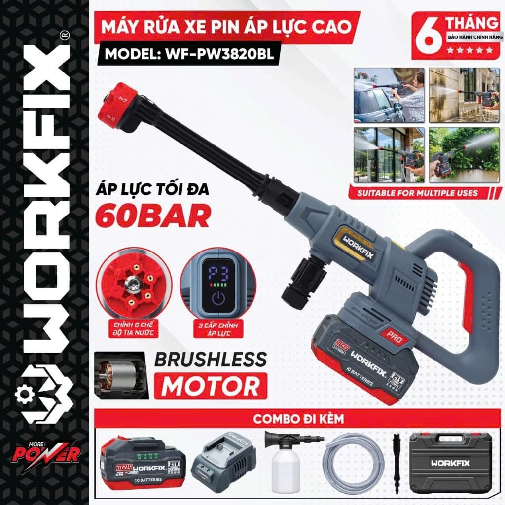 Máy Rửa Xe Pin Workfix WF-PW3820BL, Nút Cảm Ứng Chỉnh Tốc, Công Tắc Bóp, Động Cơ Không Chổi Than, Lỗi Đồng