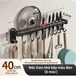 Thanh Kệ Sắt Dán Tường Treo Đồ Nhà Bếp NiLa 8 móc 45cm và Móc Áo Treo Nhà Vệ Sinh 6 Móc Inox Bắt Tường/ Rika 5 Móc. LMS 1