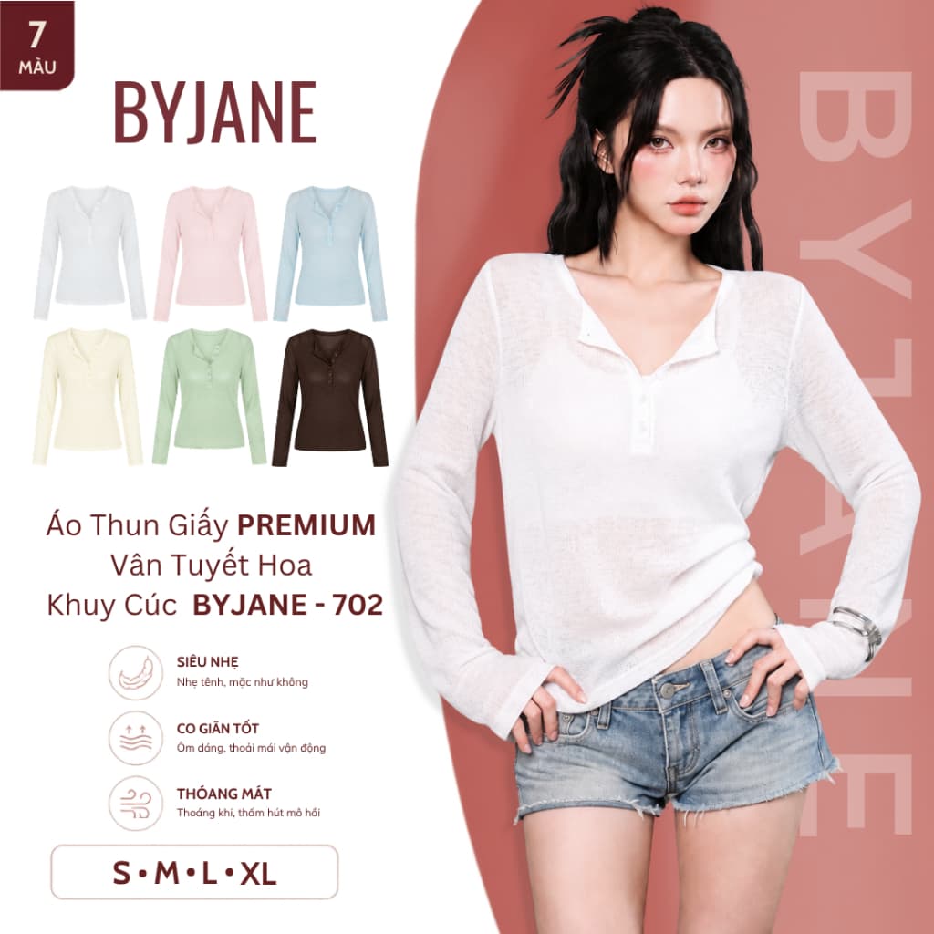 [ MỞ BÁN - CHẤT PREMIUM ] Áo Thun Nữ Tay Dài Chất Giấy Premium Khuy Cúc Mỏng Nhẹ Co Giãn Basic Hàn Quốc BYJANE - 702