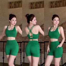 Bộ tập thể thao nữ, set bộ áo bra mút đúc quần đùi lưng cao thun poly co giãn BT809 8
