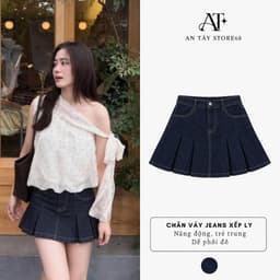 Chân Váy Jean Ngắn Nữ Xếp Ly Có Quần Bên Trong AN TÂY Cạp Cao, Chất Jean #6009 Màu Xanh Than 1