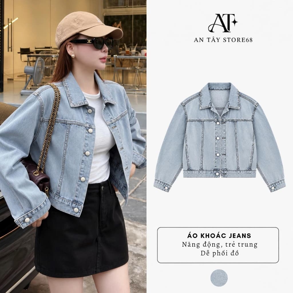 Áo Khoác Jean Nữ Form Rộng AN TÂY Phủ Bạc, Dáng Ngắn Retro #8038 Màu Xanh