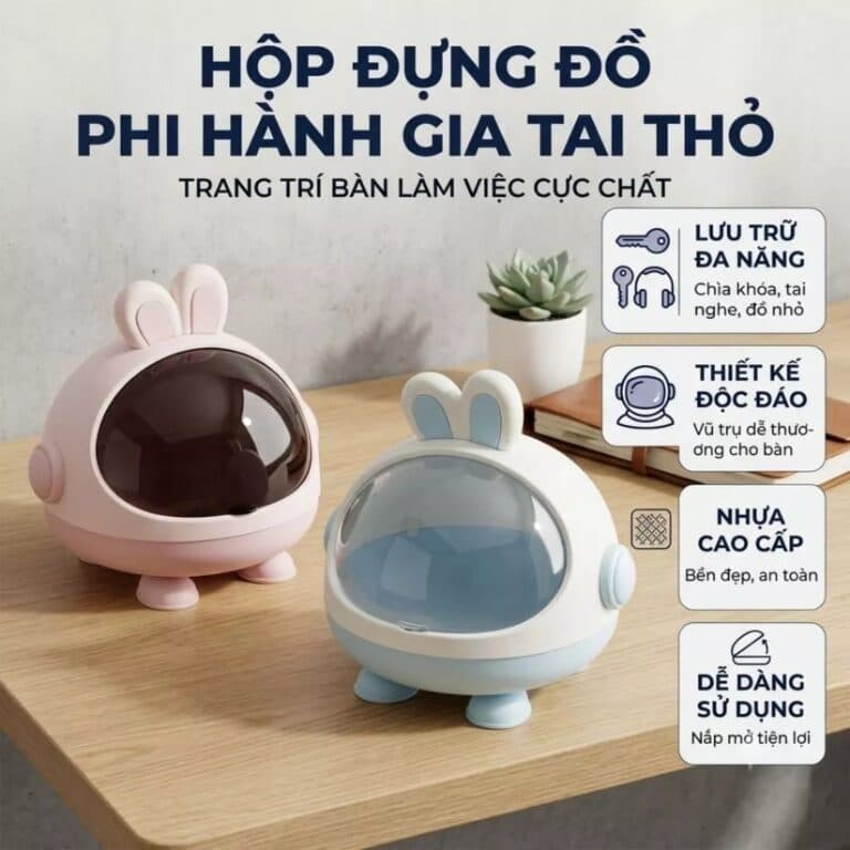 Hộp Đựng Đồ Tai Thỏ 3 Chân Phi Hành Gia và Kệ đựng (mỹ Phẩm/ Bút) Nhựa 5 Ngăn Xoay 360 độ. LMS