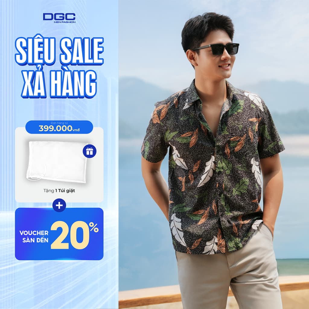 Áo Sơ Mi Nam Ngắn Tay DGCs - Kiểu dáng suông, họa tiết lá, vải Gracell cực thoáng mát và thấm hút tốt - SASNBD153M