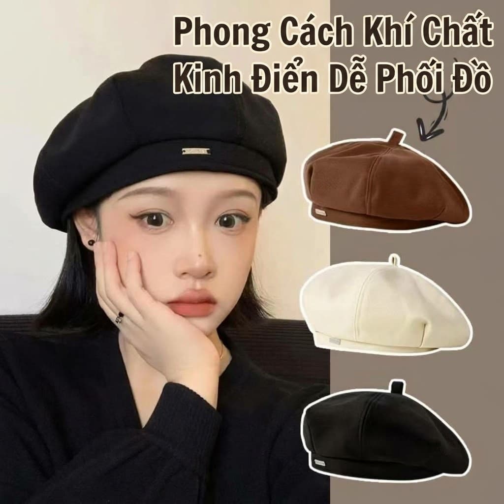 Mũ Nồi Beret Nữ Tám Cạnh Phong Cách Hàn Quốc Mũ Mái Bằng Retro Mũ Painter Hợp Cho Mặt Tròn Vòng Đầu Lớn T994