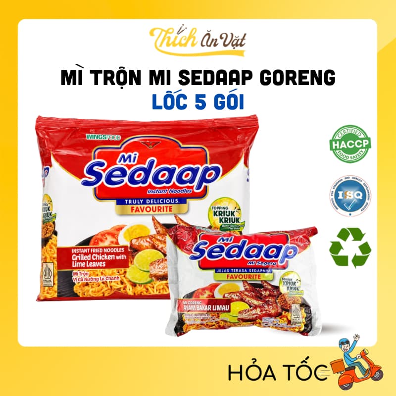 Lốc 5 Gói Mì Trộn Mi Sedaap Goreng Vị Gà Nướng Lá Chanh 445g (89g x 5 Gói) - Mì Sedaap Goreng Indonesia - Thích Ăn Vặt