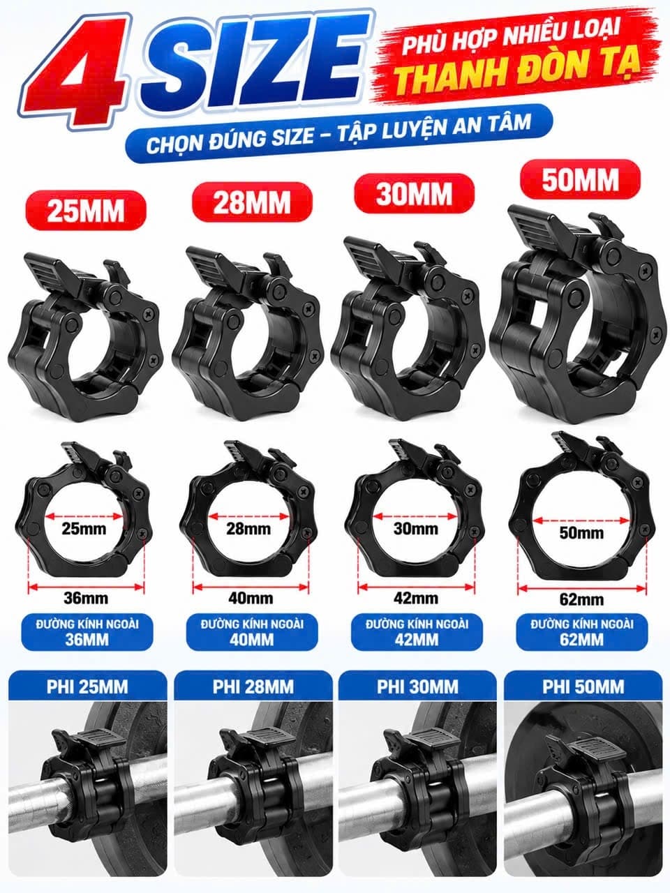 Kẹp Khóa Thanh Đòn Tạ KINGBOX, Khóa Tạ Bản Nâng Cấp Rộng 50mm Phù Hợp Với Thanh Đòn 50mm