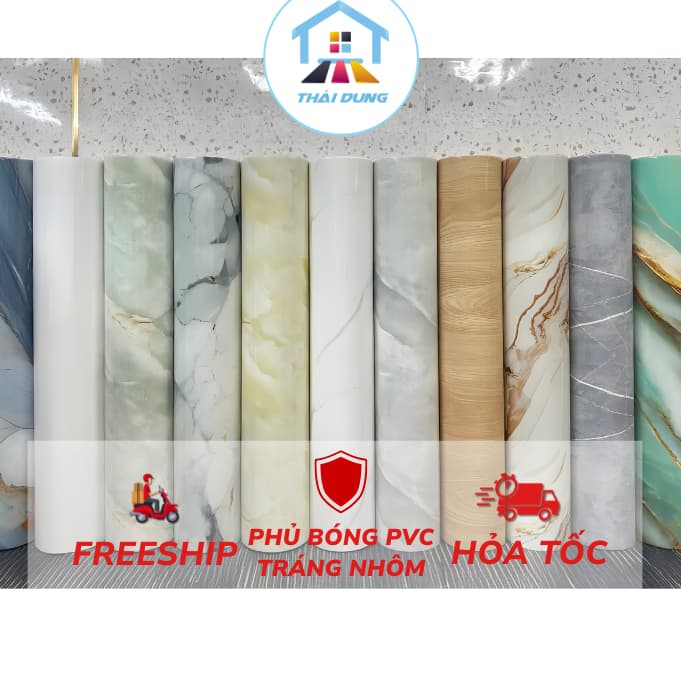 Cuộn dán tường PVC (60cmx 3m) vân đá hoa cương sẵn keo bóc dán trang trí dán tường, chống thấm nước, dễ vệ sinh